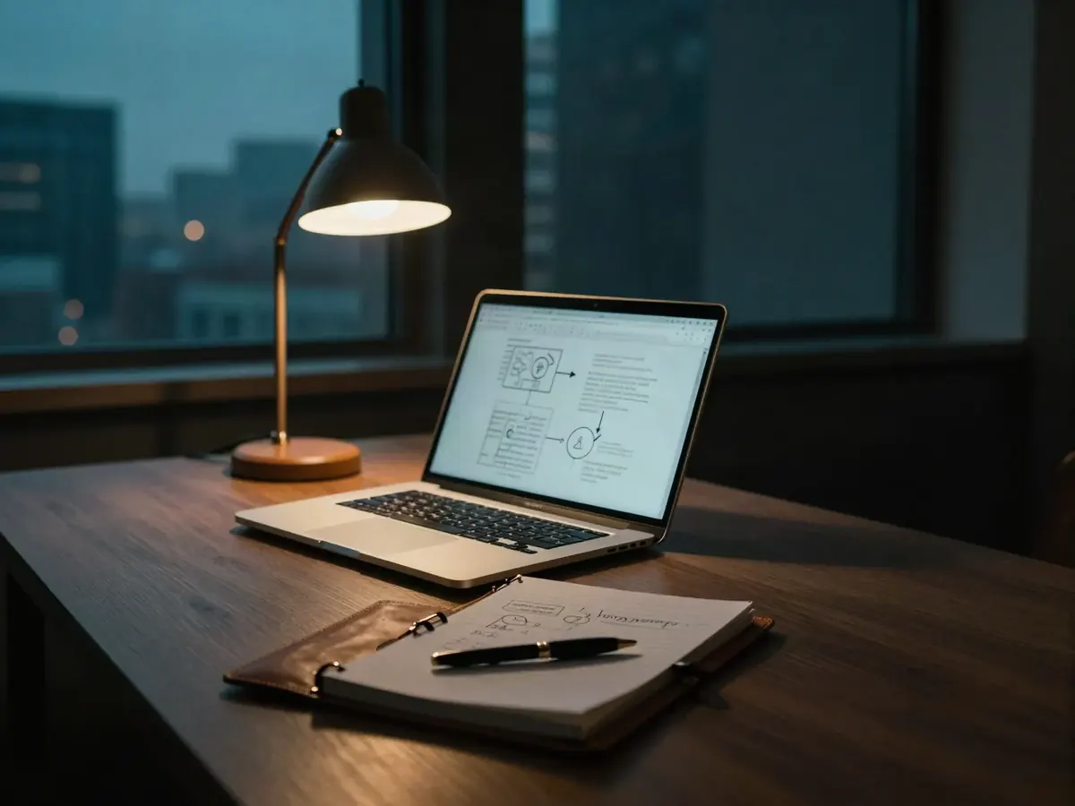 Bureau de consultant au crépuscule, ordinateur ouvert sur un schéma de processus
