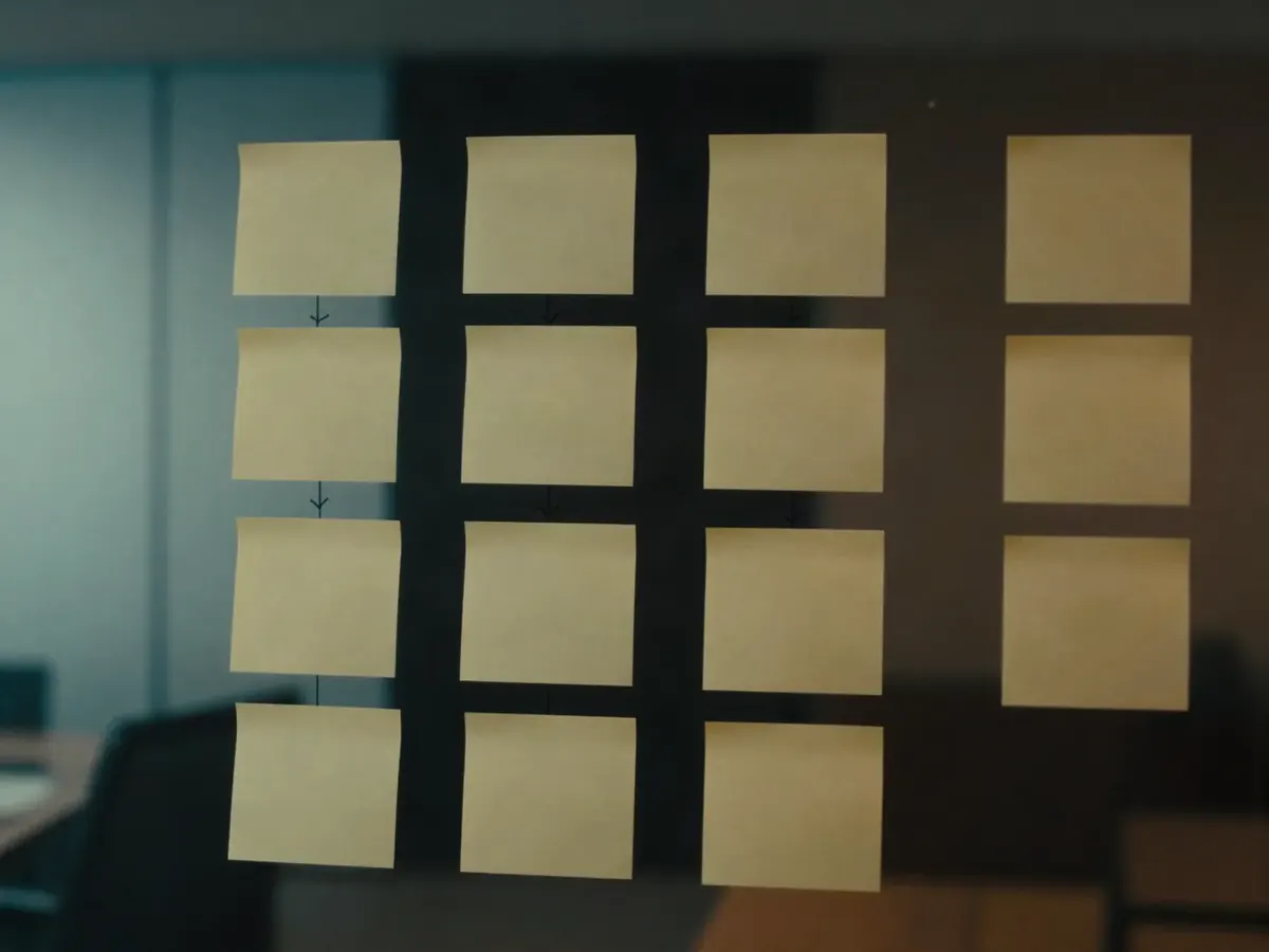 Mur vitré couvert de post-it reliés par des flèches, cartographie d'un processus